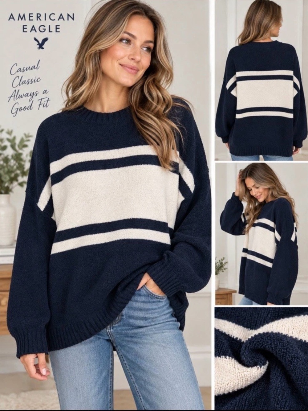 American Eagle Navy Cream Striped Oversized Sweater Medium Coastal Preppy